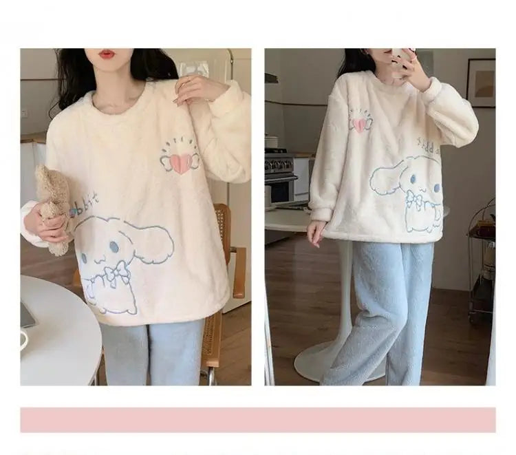 Cute Cinnamoroll Winter Pajamas Suit Sanrioed Anime Kawaii Cartoon Plush Homewear with Chest Pad Women Flannel Warm Nightwear