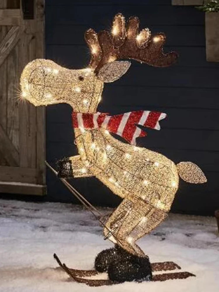 Lighted Reindeer Ornaments Glowing Ski Deer Statue with LED Lights String 3D Standing Reindeer Figurines for Christmas Decoratio