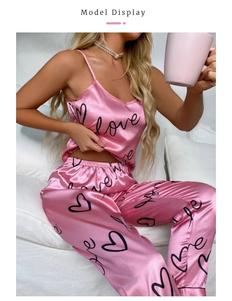 2 PCS Sexy Women Satin Pajamas Lingerie Sleepwear V Neck Sleeveless Suspenders and Pants Girl Pajamas Set Home Wear Loungewear