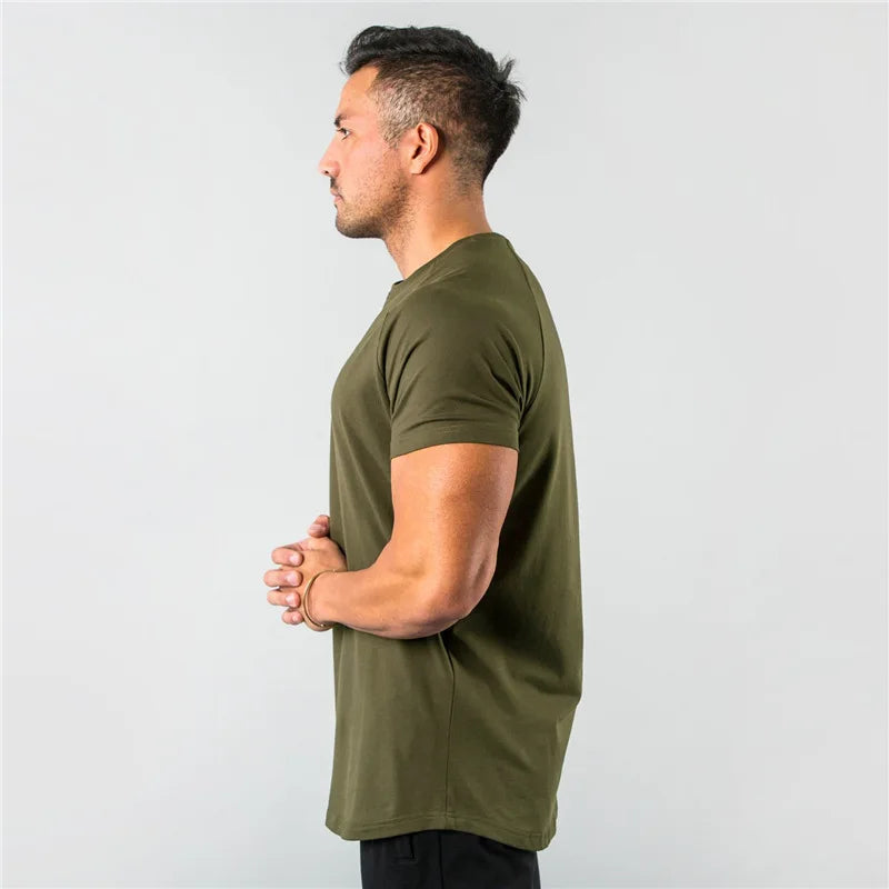 Cotton Plain Tops Tees Fitness Mens T Shirt Short Sleeve Muscle Joggers Bodybuilding Tshirt Male Gym Clothes Slim Fit Shirt