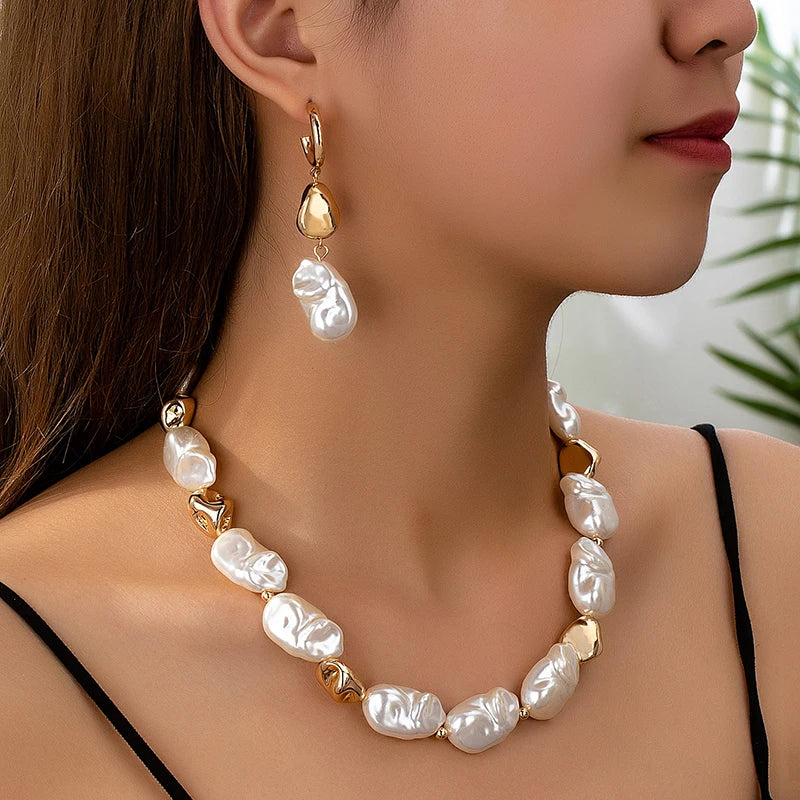 2PCS Elegant Palace Style Women's Pearl Necklace Earring Jewelry Set Beautiful Temperament Wedding Party Gift Jewelry