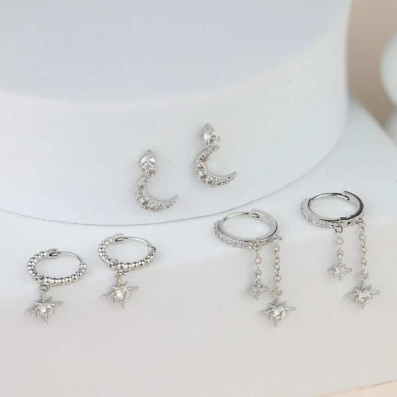 3/6Pcs Earrings Set for Women Girls 14K Gold Silver Plated Moon Star Parkling CZ Multiple Piercing Dainty Stud Hoop Earrings