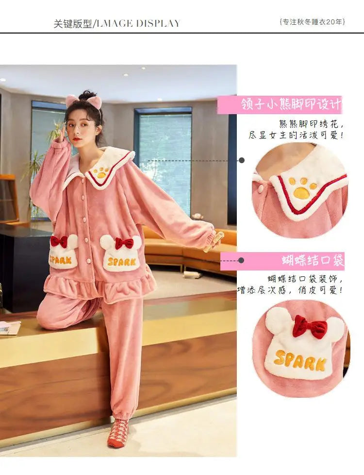 Anime Kuromi Pajamas Pants Suit Sanrioed Women Cute Kawaii Spring Winter Cardigan Plush Coral Fleece Cute Cartoon Warm Homewear