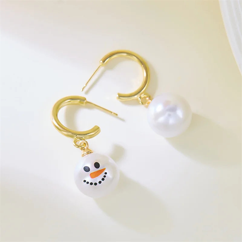 Fashion Christmas Snowman Snowflake Hoop Earrings For Women Pearl Crystal Piecring Cute Xmas Ear Jewelry New Year Gift