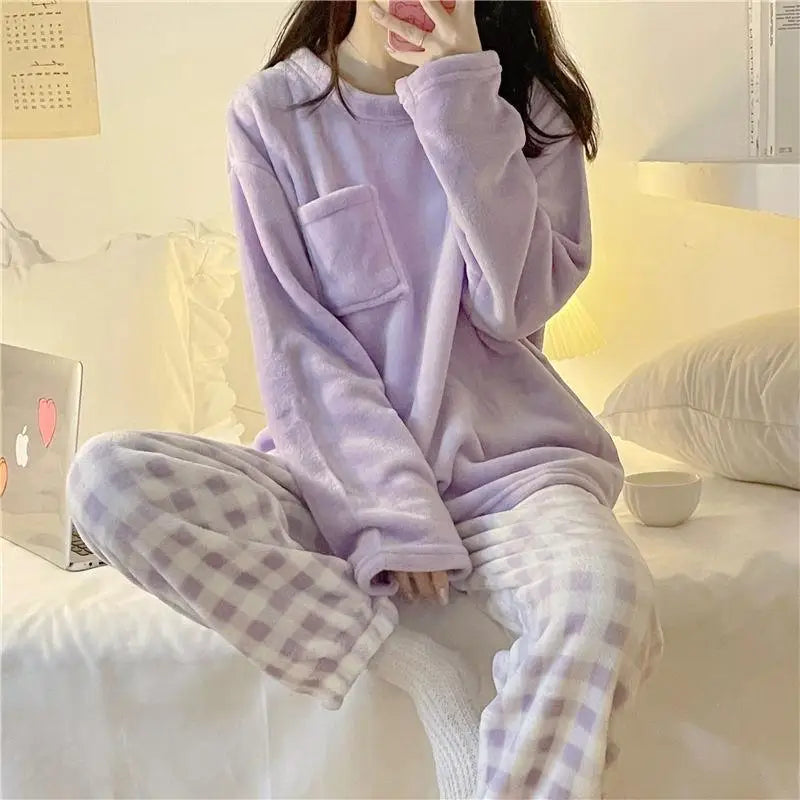 Fleece Thick Warm Women's Pajamas Set Winter Sleepwear Casual Solid Top and Plaid Pants Soft Pijamas Set for Women Home Suit