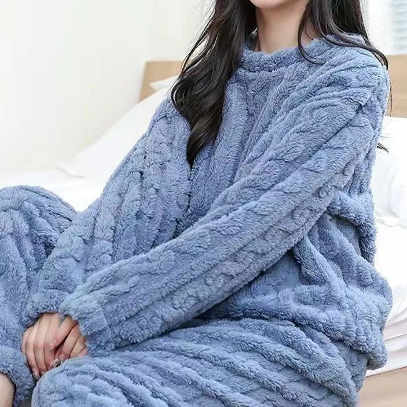 Autumn Women Solid Warm 2 Piece Sets Thicken Velvet Ribbed Fleece Set Pullover And Pants Women Casual Pajama Sets 2023