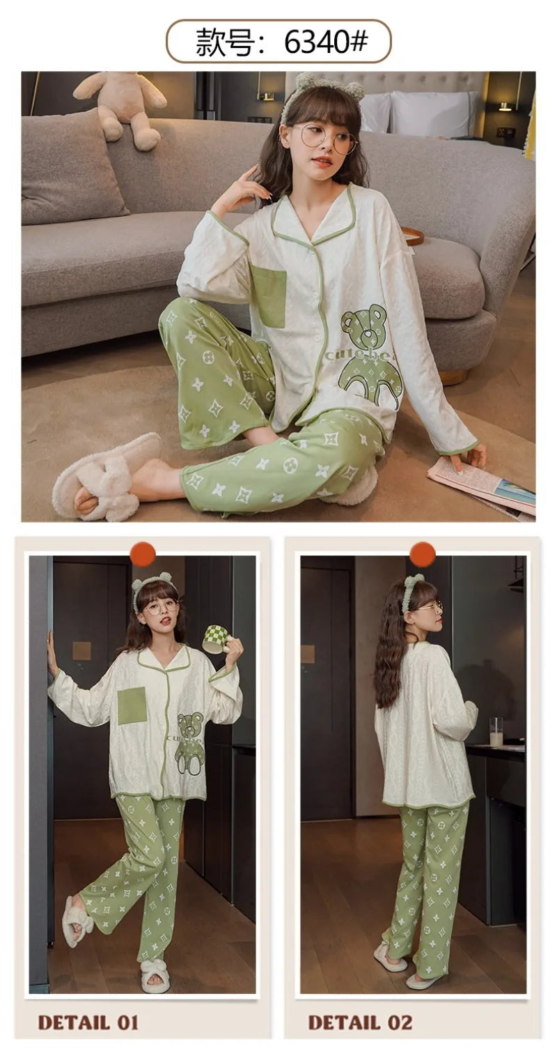 Women's Sweet Ruffle Pajamas Set Long Sleeve Top And Long Pants Sleepwear 2 Piece Set For Women Korean Casual Home Loose Pajamas