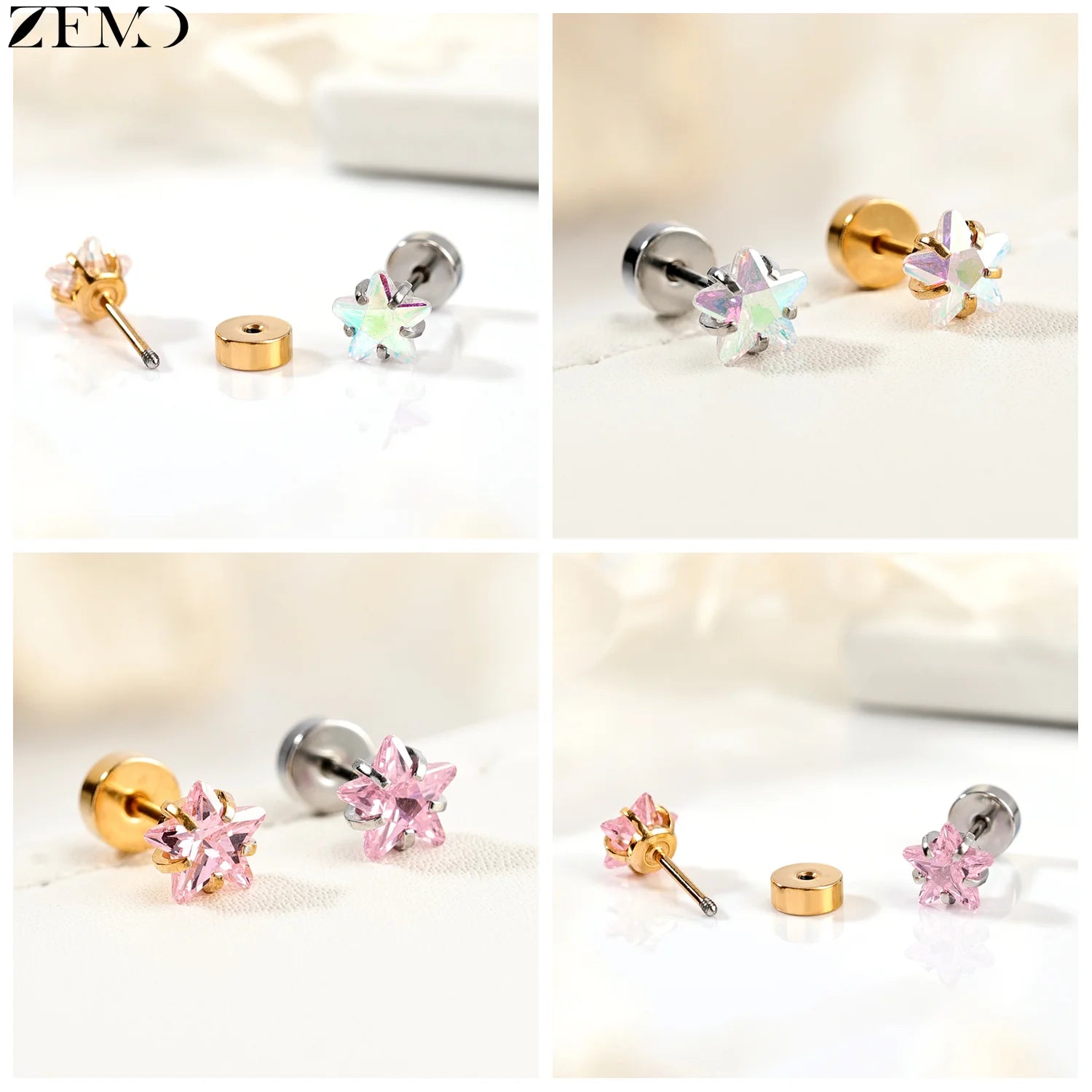 ZEMO 1 Piece 20G Stainless Steel Stud Earrings Women Girls CZ Crystal Ear Studs Flat Back Flower Heart Helix Cartilage Piercings