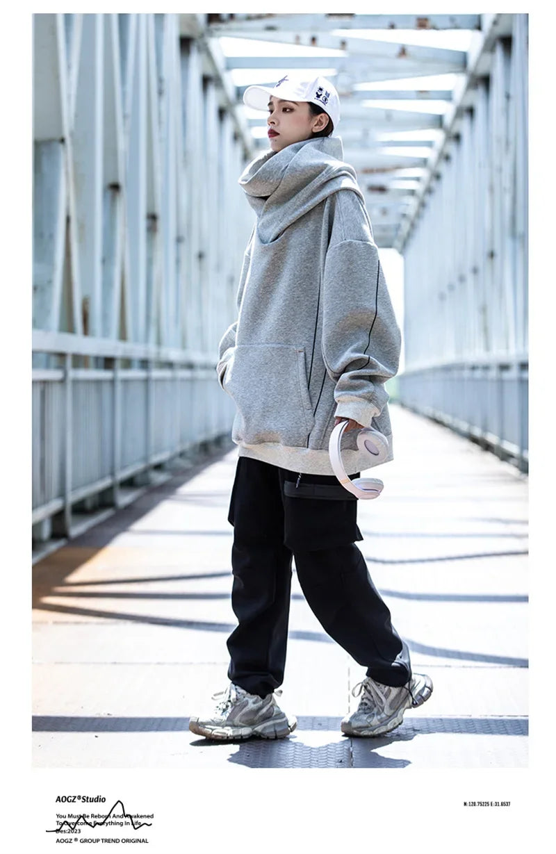 Autumn Windbreaker Turtleneck Hooded Sweatshirts For Men New Ninja Oversized Hoodies Women Line Print Y2K Streetwear Hoodie