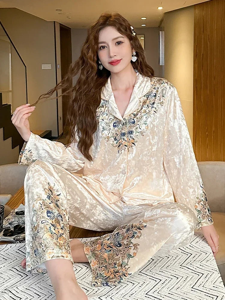 2024 Spring Autumn New Pajamas Women's Korean-Style Lapel Golden Velvet Top With Pants For Outer Wear Home Clothes