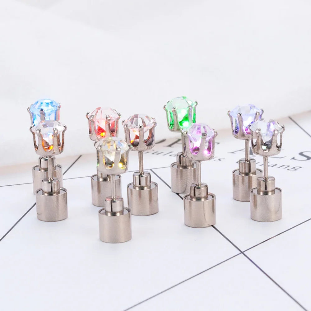 2PCS Colorful LED Luminous Studs Square Zircon Earrings Men Women Bar Rave Wedding Party Ear Stud Jewelry Glowing Earring