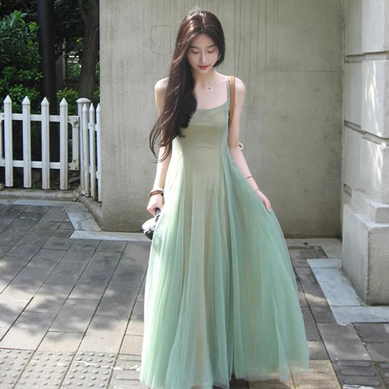 Women Mesh Spaghrtti Strap A-line Holiday Seaside Summer Princess Long Dress