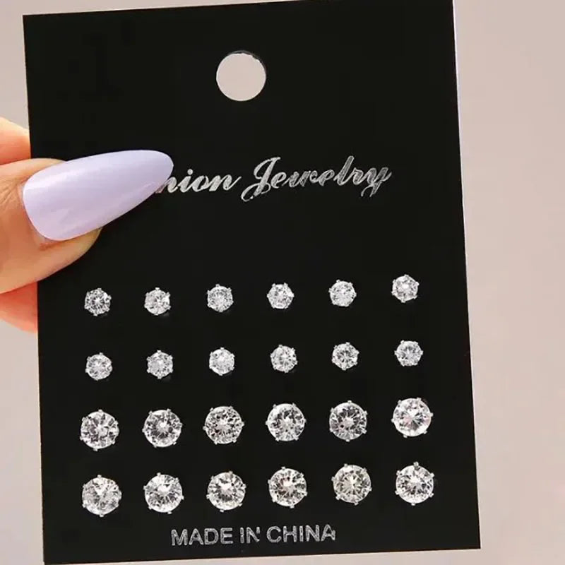 12 Pairs/Pack Shiny Zircon Stud Earrings Set for Women Men Daily Versatile Chic Silver Color Crystal Ear Jewelry Accessories