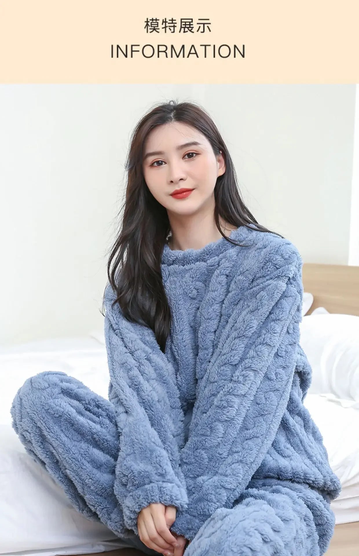 Women Fleece Pajamas Set 2024 Winter Sleepwear Solid Velvet 2 Piece Pant Home Suit Fluffy Casual Pajamas Warm O-neck Night Wear