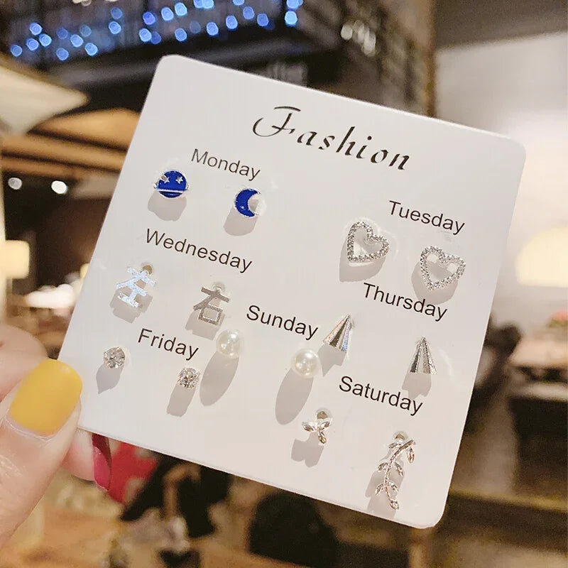 2024 Korean Fashion Exquisite Af Aweek Earrings Set 7 Pairs of Simple and Sweet  Earrings Set Combination of Week Jewelry Gifts