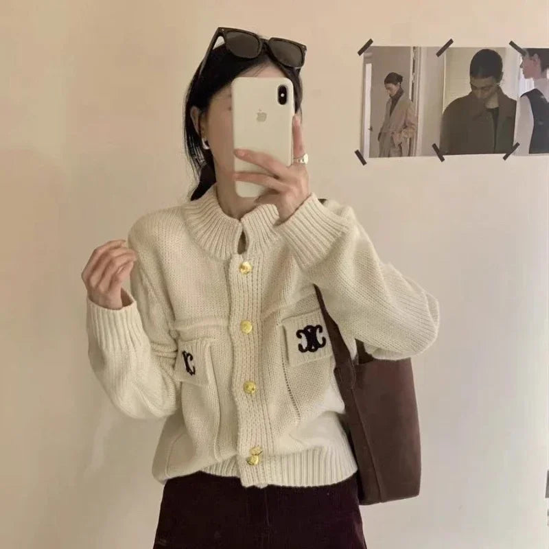 French Collar Knitted Cardigan Jacket For Women 2024 Autumn And Winter New Fashion Lazy Style Embroidered Knit Sweater