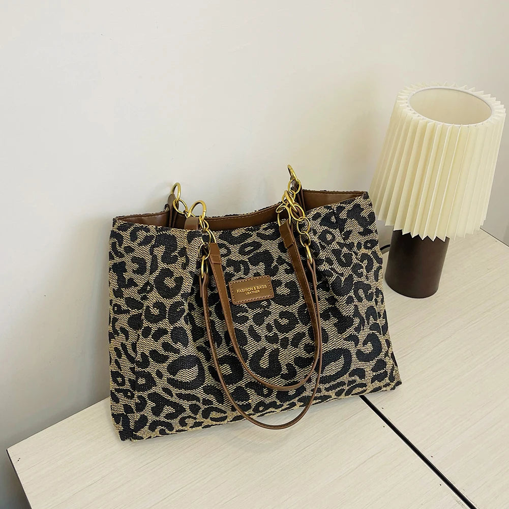 Women Shoulder Bag Leopard Print Canvas Handbag Multi-Pockets Underarm Bag for School Work Shopping