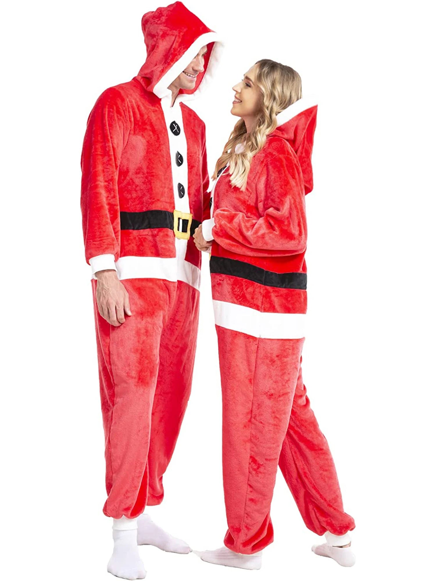 Women s Christmas Costume Mrs Claus Velvet Long Sleeve Hooded Belt Printed Zipper Full-Length Jumpsuit with Faux Fur Trim