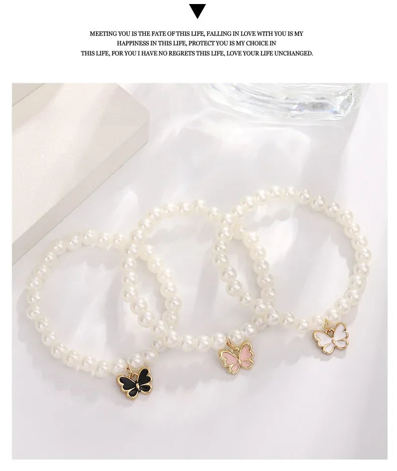 4pcs/Set Fashion Sweet Jewelry Set Butterfly Pendant Imitation Pearl Necklace Bracelet Earring Set for Girl Jewelry Accessories