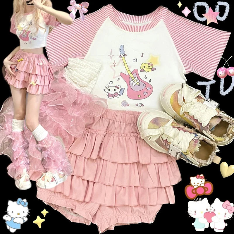 MEXZT Y2K Sweet Ruffles Mini Skirt Women Kawaii Lolita Bow A Line Skirts Harajuku Japanese High Waist Pink White Ball Gown Skirt