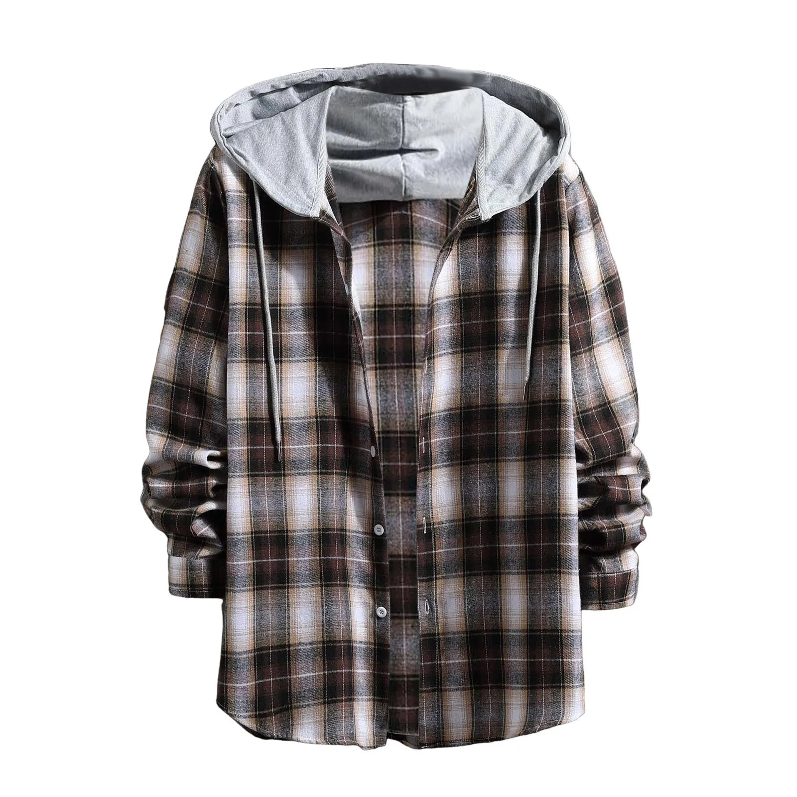 Men S Spring And Autumn Hooded Sweater Coat Fashion Casual Check Pocket Button Long Sleeve Shirt Plus Size Male Shirts