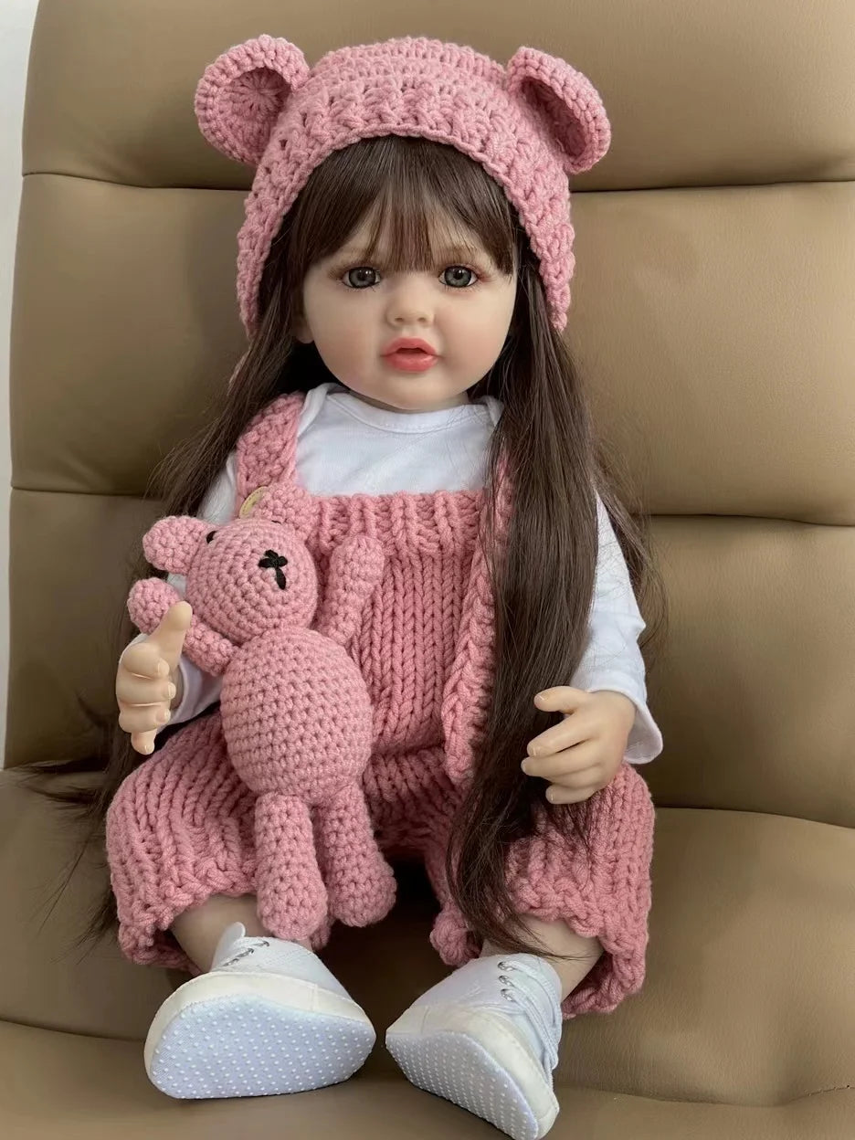 BZDOLL 55cm 22inch Lifelike Reborn Baby Girl Doll Soft Silicone Long Brown Hair Realistic Princess Toddler Bebe Birthday Gift