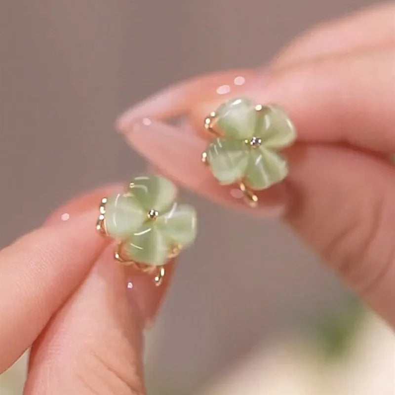 Fashion Classic Rotatable Rings Choker Green Clover Earrings Women Stainless Steel Earrings Pendant Jewelry Set for Women Gift