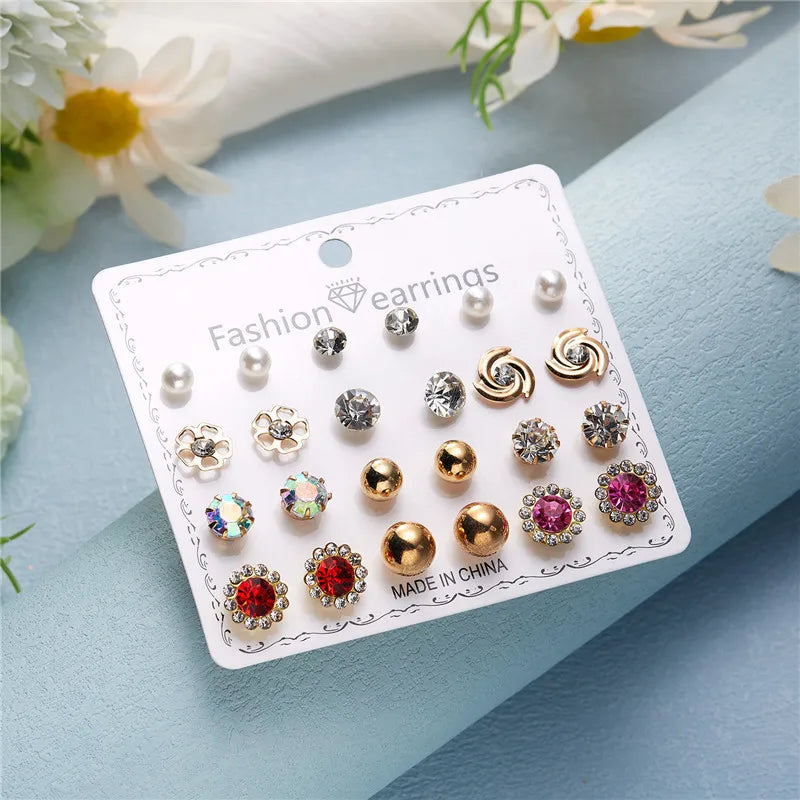 12 Pairs/Set Imitation Pearl Sun Star Flower Bow Heart Zircon Combination Paper Card Stud Earrings Set Fashion Geometric Earring