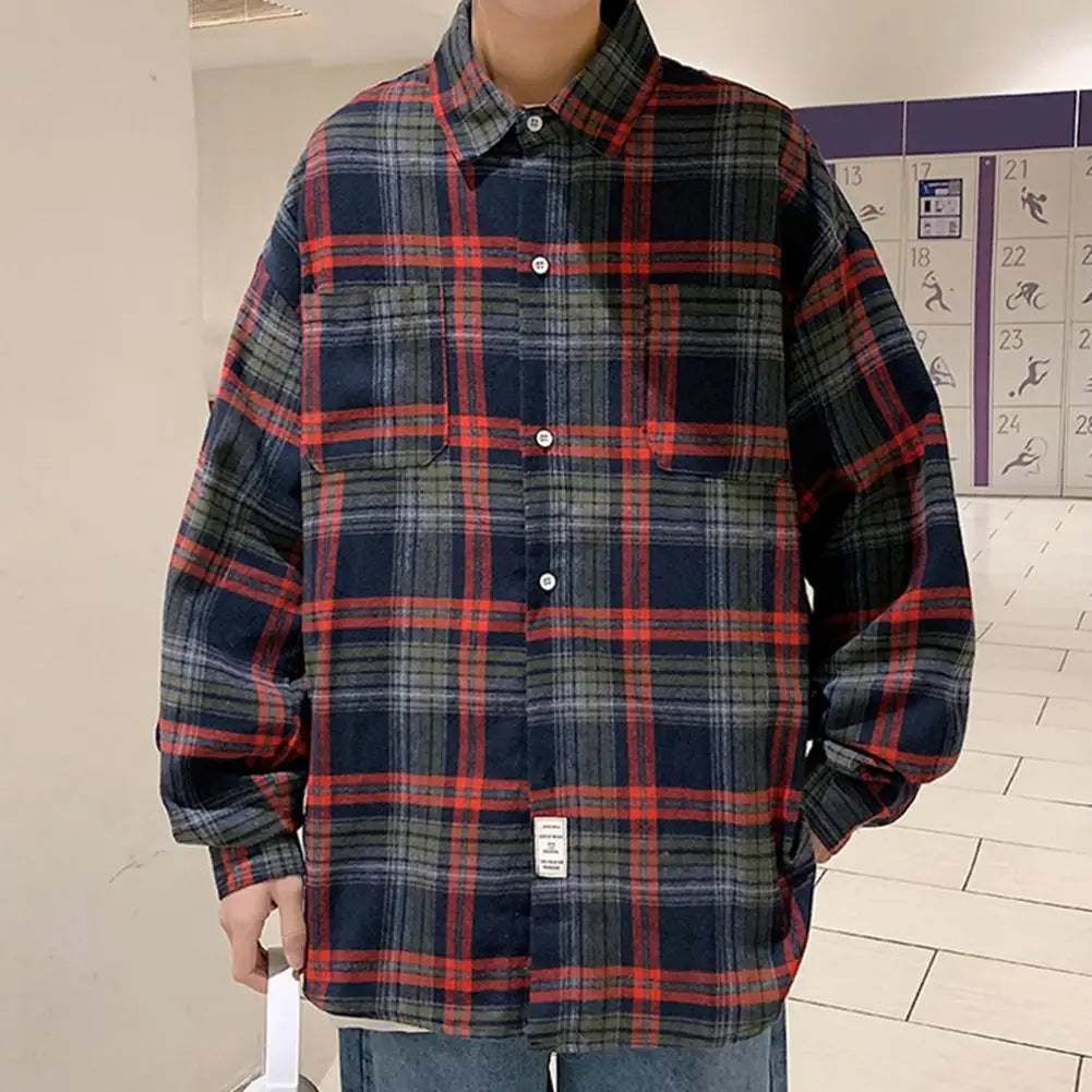 Men Plaid Shirt Check Shirts Men Plaid Long Sleeve Oversized Shirts Streetwear Cardigan Chest Pocket Loose Shirt Loose Plaid Top