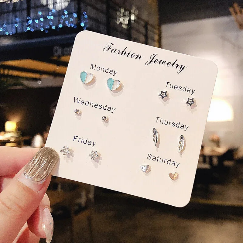 2024 Korean Fashion Exquisite Af Aweek Earrings Set 7 Pairs of Simple and Sweet  Earrings Set Combination of Week Jewelry Gifts