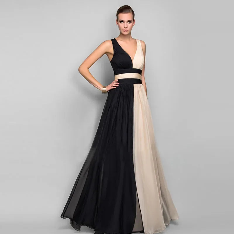 Elegant High Waist Maxi Dress Women Fashion Gradient Patchwork Black Party Evening Dresses Chic Sleeveless Pleated Long Vestdios