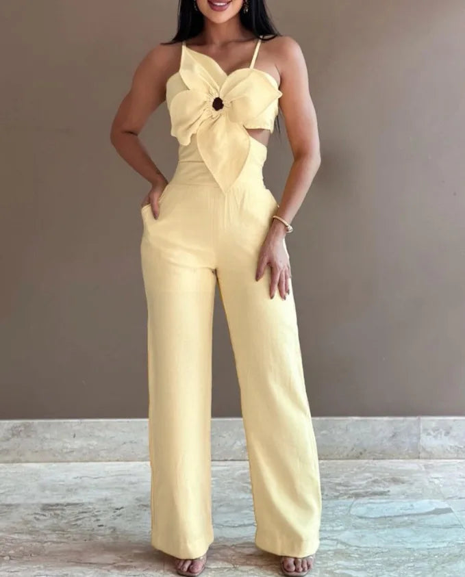 Women Spring Summer Onepiece Trousers Jumpsuits Solid Color Sleeveless Hollow Out Wide Leg Pants Casual Fashion Regular Backless