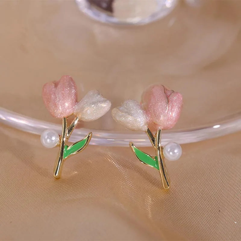 New pink sweet tulip flower ear stud women's fashion heart stud earrings exquisite imitation pearl earrings jewelry gift