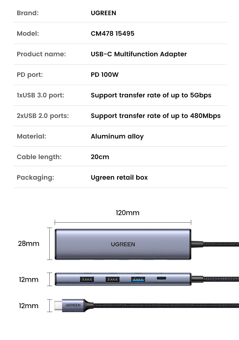 UGREEN 5 in 1 USB C Hub 4K HDMI USB HUB 100W Multiport Adapter for MacBook Pro/Air, iPad Pro, iMac, iPhone 15 Pro/Pro Max, XPS