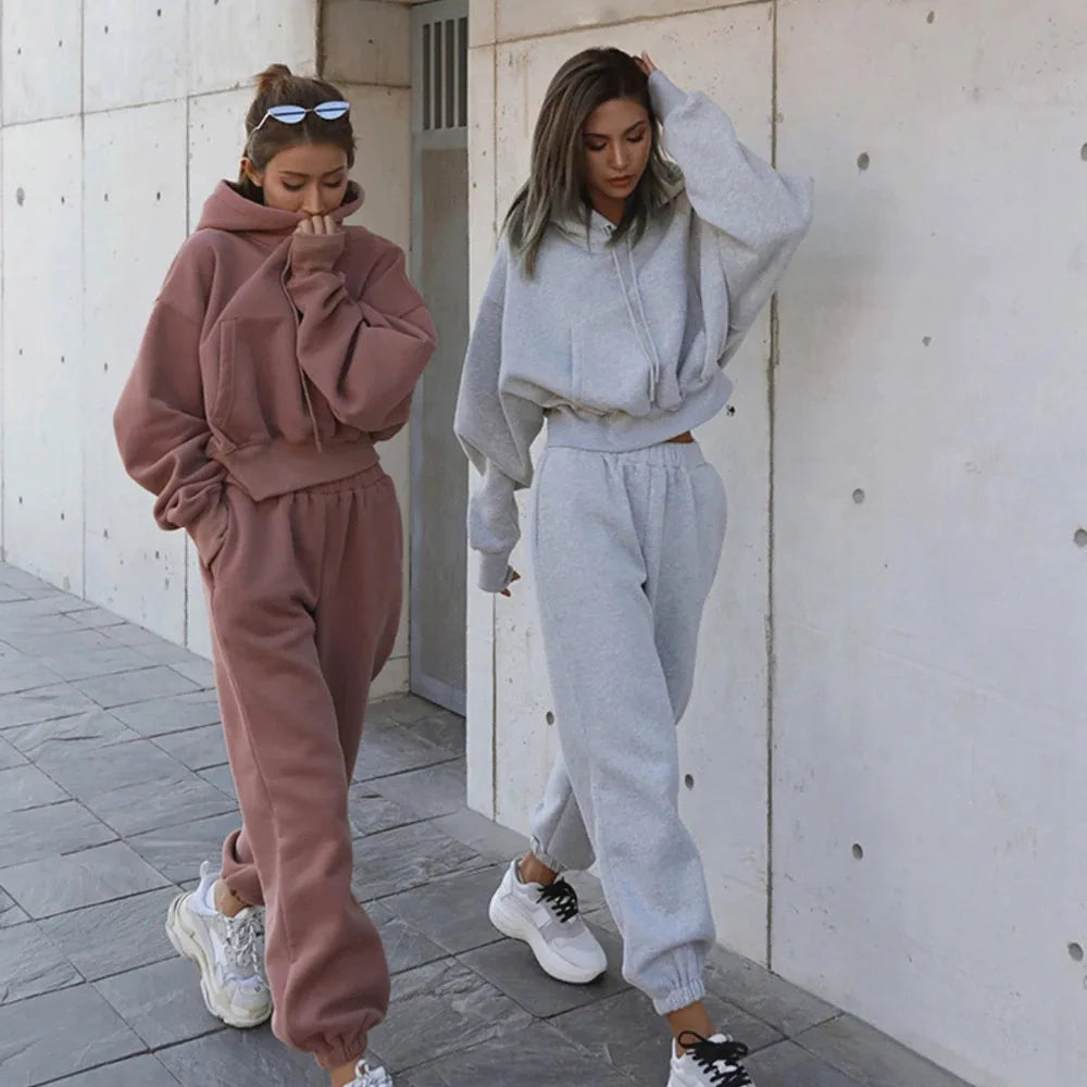 Two-Piece Women's Solid Color Outfits Workout Sets 2024 Autumn Long Sleeved Hoodie Tracksuit For Women Jogger Pant Matching Set