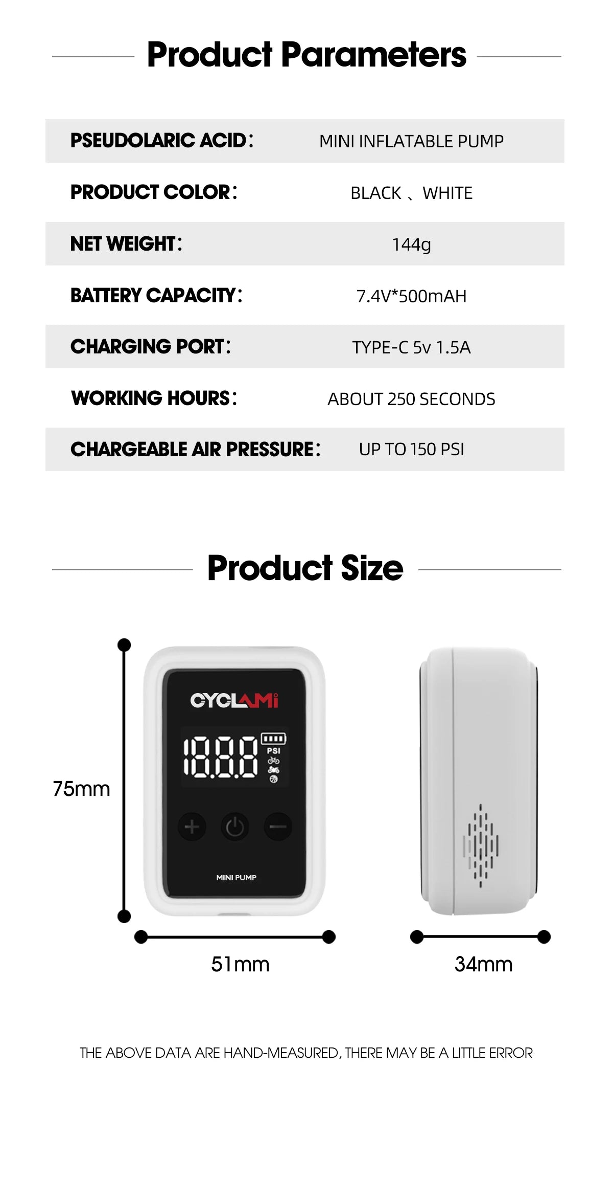 150 PSI Portable Pocket Bike Electric Air Pump MINI Fast Rechargeable Compressor Tire Inflator For Bicycle Digital Gauge Display