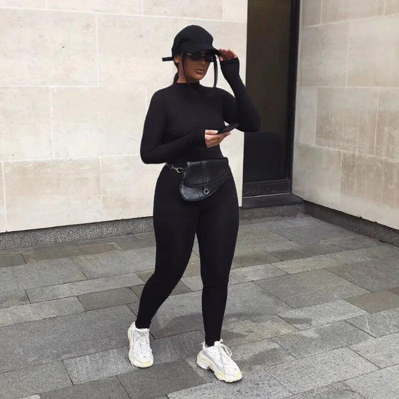 Autumn Black Jumpsuits For Women Streetwear Long Sleeve O-Neck Solid Bodycon Sexy Sporty Rompers Casual Skinny Fashion Overall