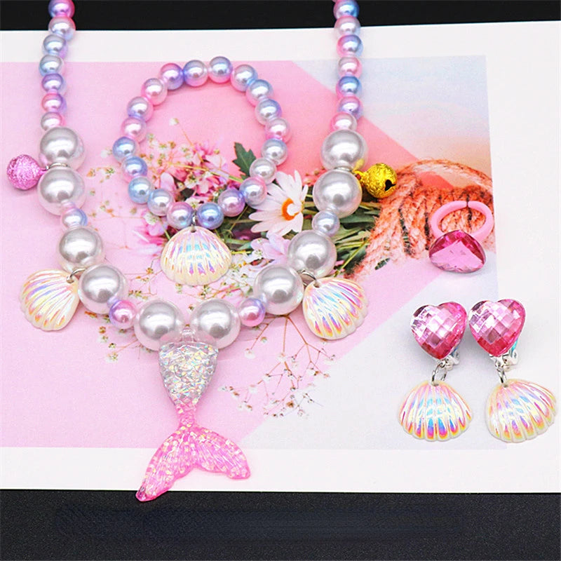 2/5pcs Girls Jewelry Sets Mermaid Pearl Necklace Bracelet Ring Earring Set Kids Toys Children Princess Fashion Accessories Girl