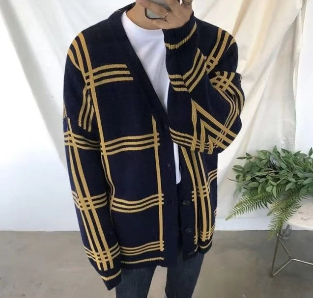 Men's Clothing Cardigan Plaid Knit Sweater Male V Neck Long No Hoodie Wool Casual Sale Best Selling Products 2024 Classic Street