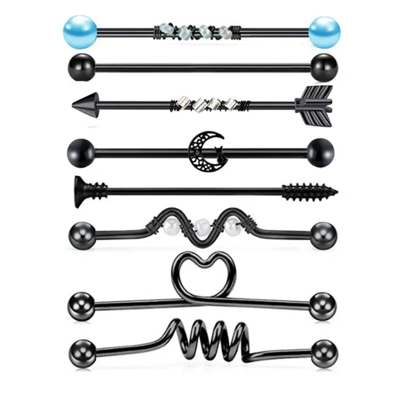 6/8/9/13Pcs/steStainless Steel Heart Industrial Piercing Set Earring Cartilage Industrial Barbell for Women Unisex Body Jewelry