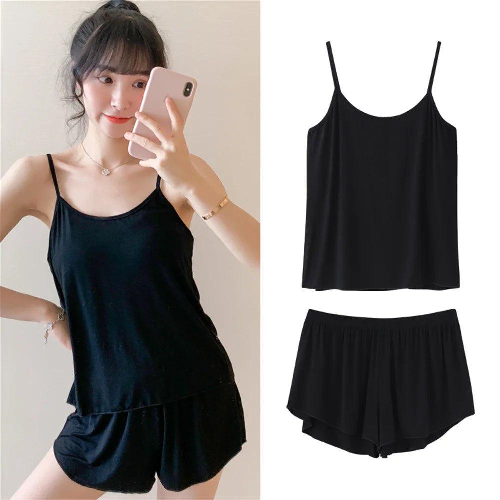 Women Casual Pajamas Sleepwear Pajama Set Nightgowns Camisole Shorts Nightclothes Spagjetti Strap Black L XL XXL Smooth Soft