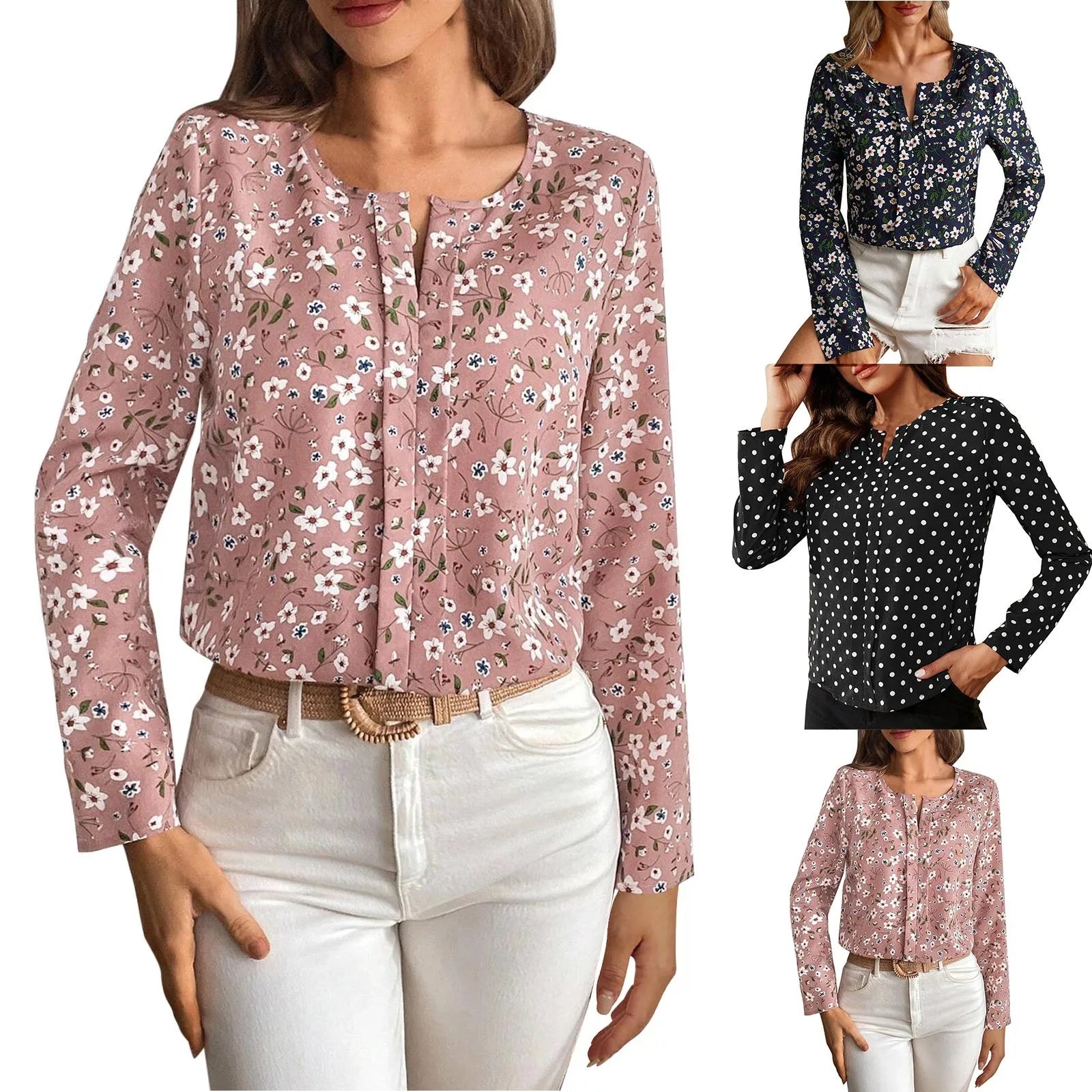 Women Shirts Dressy Casual Cotton 2023 Women Long Sleeve Unity Ditsy Floral Print Fold Pleated Detail Blouse قمصان وبلوزات