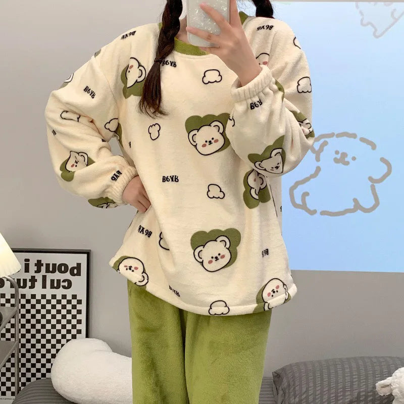 Flannel Warm Pyjamas Set for Women's Padded Plus Size Student Nightwear Ladies Sweet Breathable Crew Neck Sleepwear Loungewear