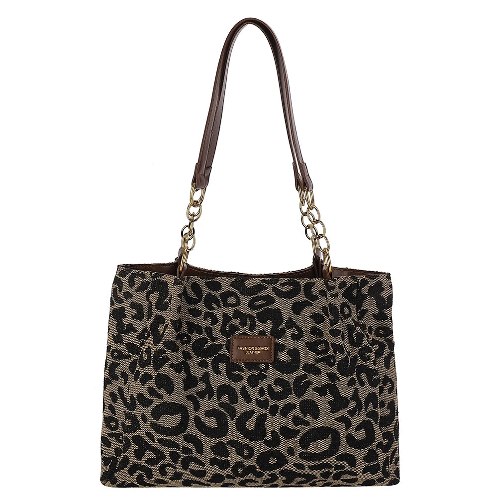 Women Shoulder Bag Leopard Print Canvas Handbag Multi-Pockets Underarm Bag for School Work Shopping