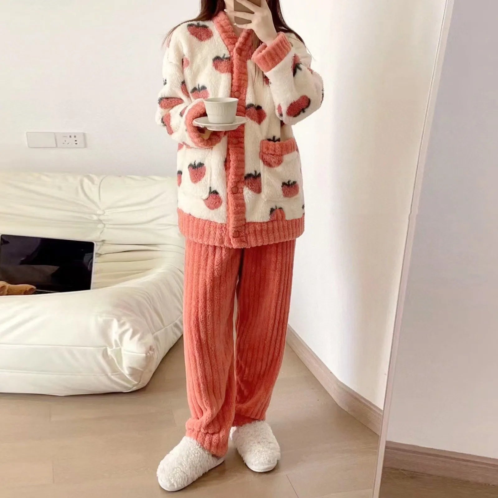 Women's Fleece Flannel Pajamas Set Cute Fruit Contrast Color Warm Plush Loungewear For Women Thickened Homewear Warm Nightwear