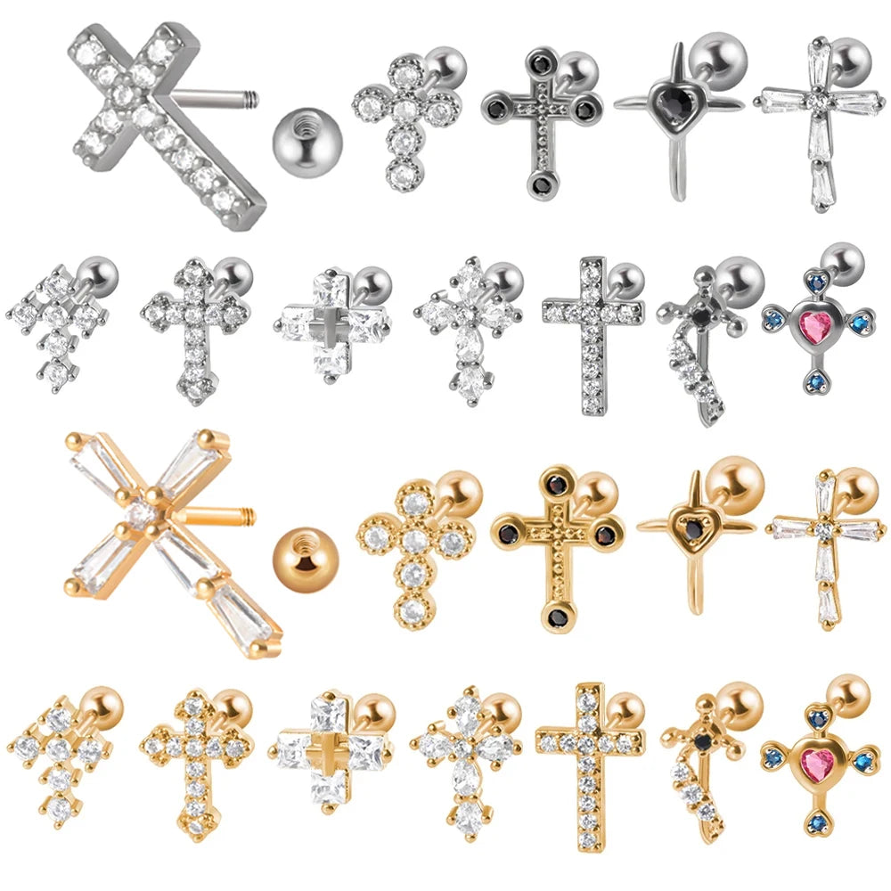 2PCS Cross Stud Earrings for Women Girls Men Labret Crystal CZ Helix Tragus Cartilage Ear Studs Punk 20G Piercing Jewelry