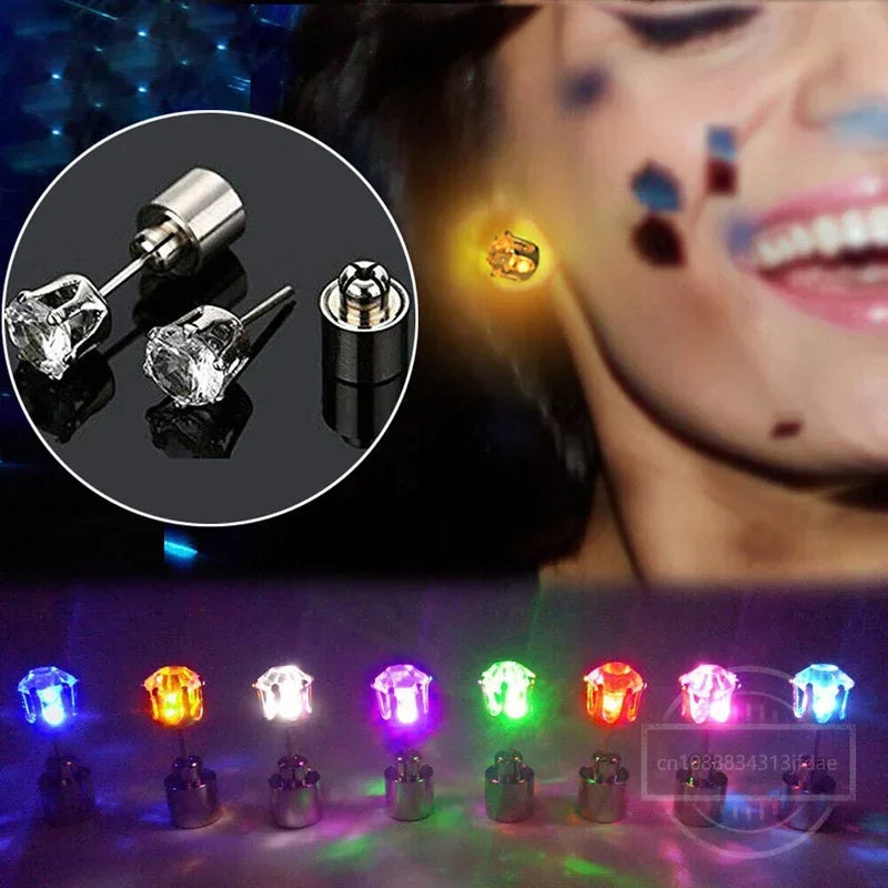 2PCS Colorful LED Luminous Studs Square Zircon Earrings Men Women Bar Rave Wedding Party Ear Stud Jewelry Glowing Earring