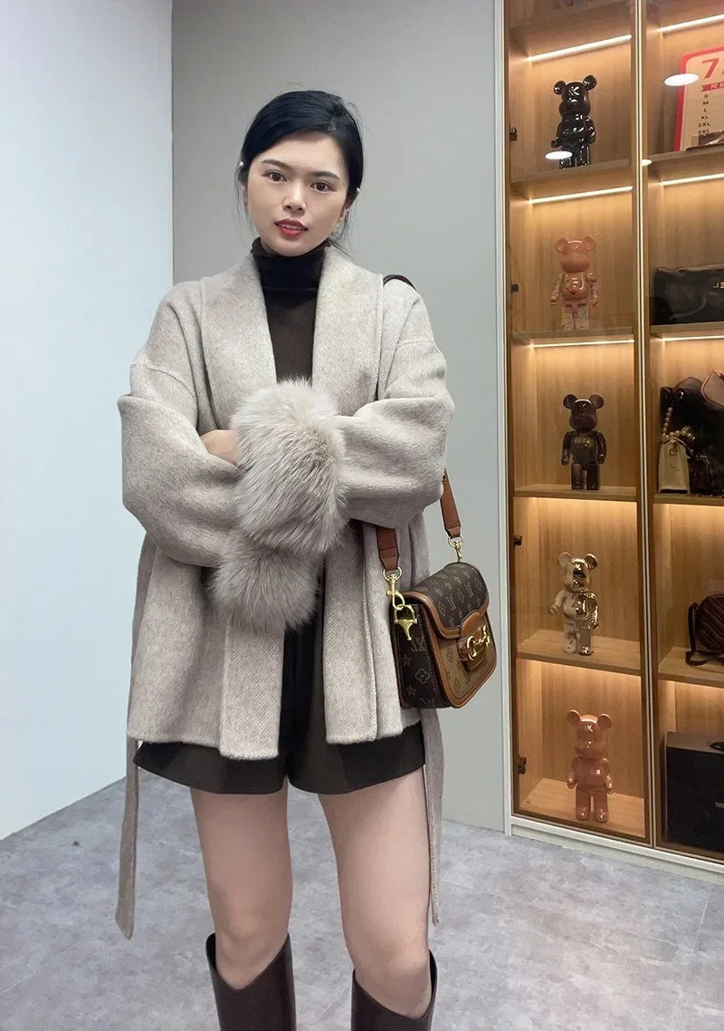 High End Double-sided Wool Strapping Real Wool Fur Coat Women's Removable Cuffs Fox Fur Temperament Cashmere Short Jacket