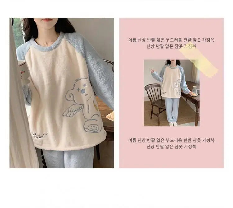 Cute Cinnamoroll Winter Pajamas Suit Sanrioed Anime Kawaii Cartoon Plush Homewear with Chest Pad Women Flannel Warm Nightwear