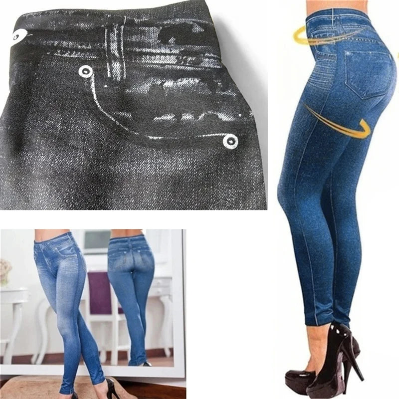 Elastic Leggings Imitation Denim Print Women Slim Fit Leggings Casual Pencil Pant Vintage Dye Middle Waist Female Clothes